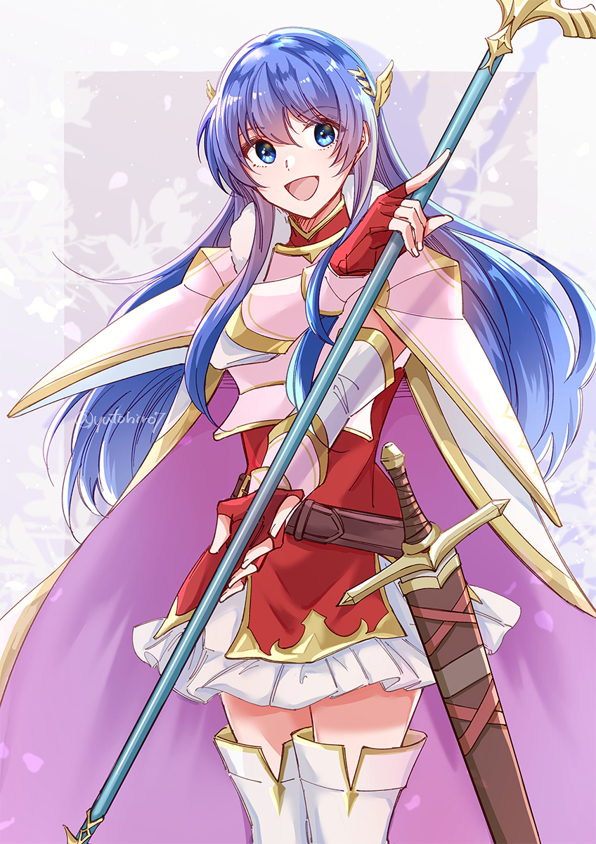 1girl, :d, armor, blue_eyes, blue_hair, breastplate, caeda_(beloved_queen)_(fire_emblem), caeda_(fire_emblem), cape, dress, fingerless_gloves, fire_emblem, fire_emblem:_mystery_of_the_emblem, fire_emblem_heroes, gloves, highres, holding, holding_polearm, holding_weapon, long_hair, looking_to_the_side, official_alternate_costume, open_mouth, pauldrons, polearm, red_dress, red_gloves, sheath, sheathed, shoulder_armor, sidelocks, skirt, smile, solo, sword, twitter_username, weapon, white_skirt, yutohiroya