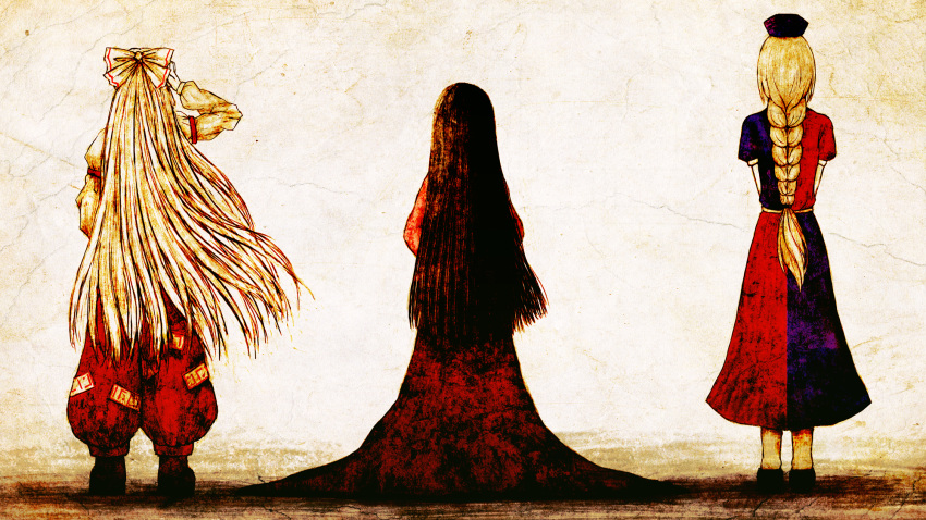 black_hair, bow, braid, from_behind, fujiwara_no_mokou, hair_bow, hat, highres