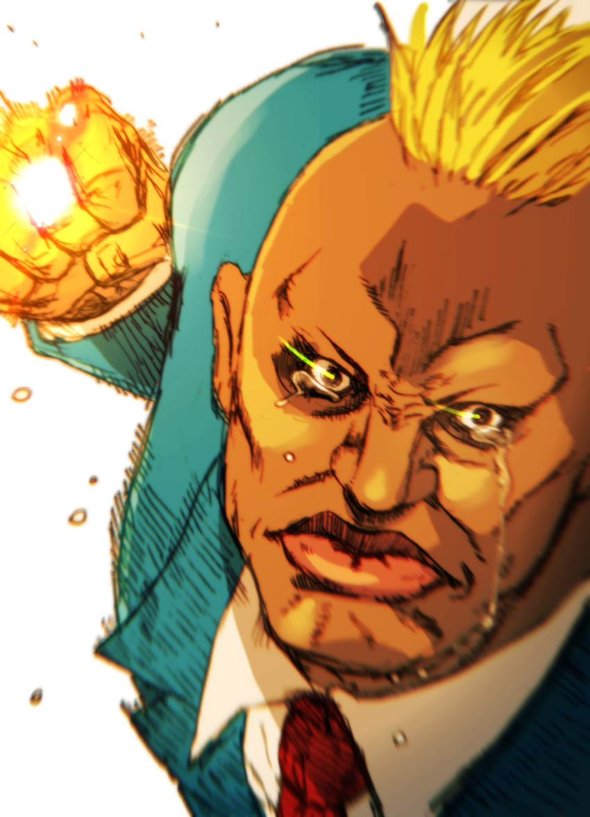 1boy, blazer, blonde_hair, boman_delgado, burning_isaka, clenched_hand, collared_shirt, commentary_request