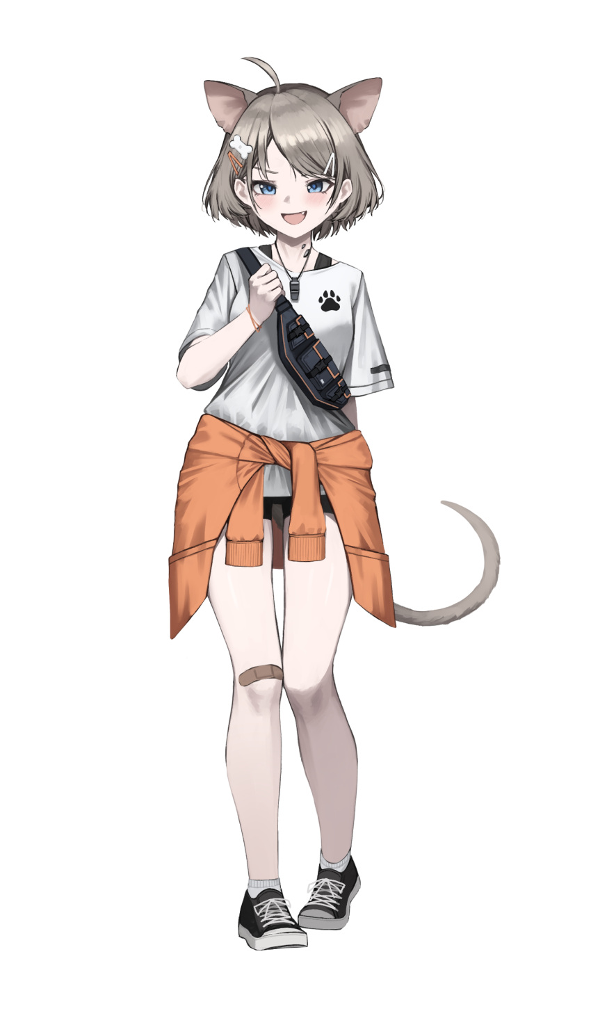 1girl, :d, ahoge, almond_(arknights), animal_ears, arknights, arm_behind_back, bag