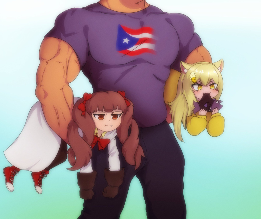 1boy, 2girls, animal_ears, banana_hair_ornament, black_pants, blonde_hair, bow, bowtie