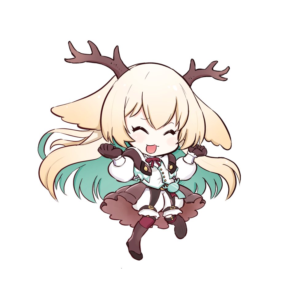 1girl, :d, adachi_takafumi, animal_ears, antlers, blonde_hair, blue_hair, blush