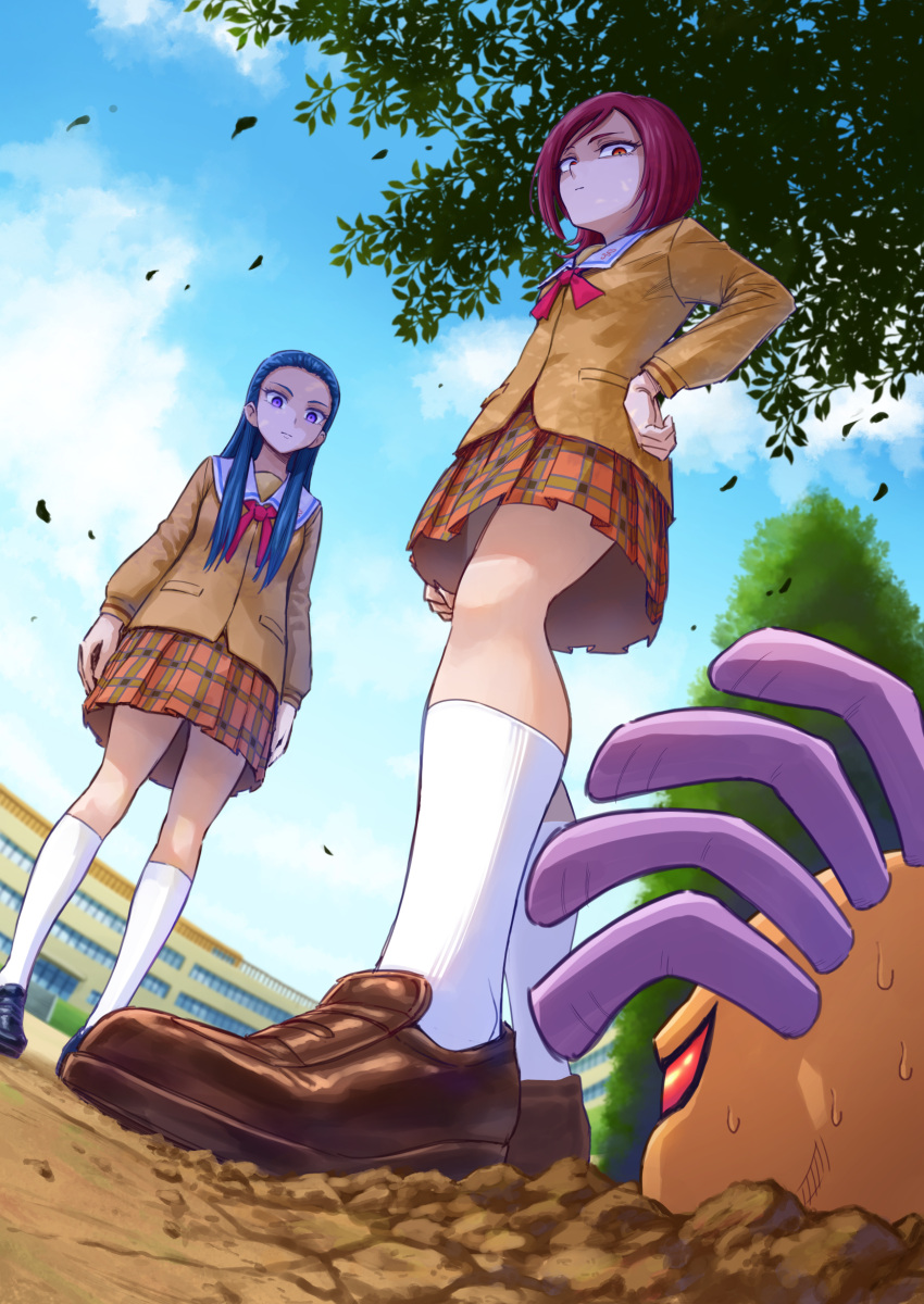 2girls, absurdres, blue_eyes, blue_hair, bow, bowtie, brown_footwear, dorodoron, from_below, futari_wa_precure_splash_star, highres, itou_shin'ichi, kiryuu_kaoru, kiryuu_michiru, kneehighs, loafers, long_hair, long_sleeves, miniskirt, multiple_girls, orange_skirt, plaid, plaid_skirt, pleated_skirt, precure, red_bow, red_bowtie, red_eyes, redhead, sailor_collar, school_uniform, serafuku, shirt, shoes, short_hair, siblings, sisters, skirt, socks, standing, white_sailor_collar, white_socks, yellow_shirt, yuunagi_middle_school_uniform