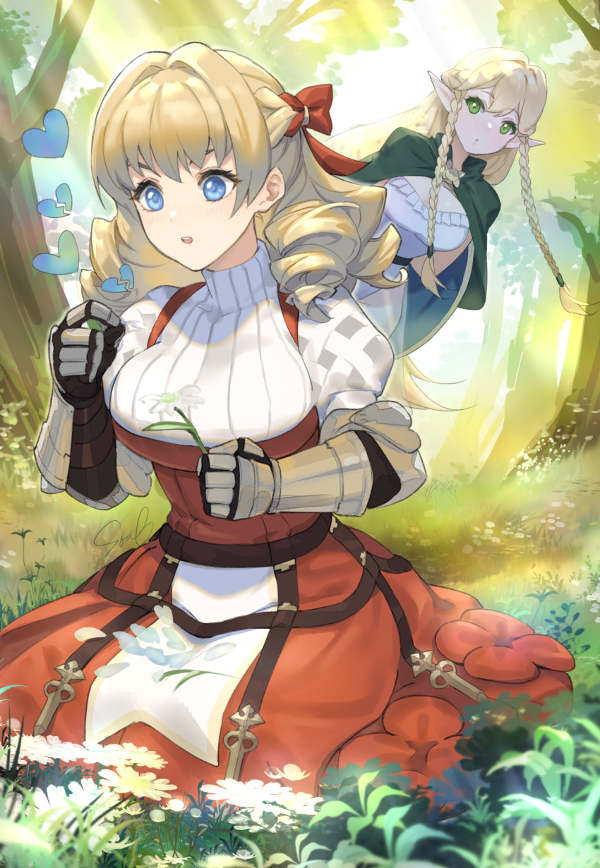 2girls, blonde_hair, blue_eyes, braid, cape, day, dress, drill_hair, elf, eltolinde, flower, forest, gauntlets, grass, green_cape, green_eyes, hair_ribbon, hands_up, highres, holding, holding_flower, juliet_sleeves, kneeling, leotard, long_hair, long_sleeves, multiple_girls, nature, ouosoul, outdoors, pointy_ears, puffy_sleeves, red_dress, red_ribbon, ribbed_sweater, ribbon, scarlett_(unicorn_overlord), standing, sweater, turtleneck, turtleneck_sweater, twin_braids, unicorn_overlord, white_leotard, white_sweater