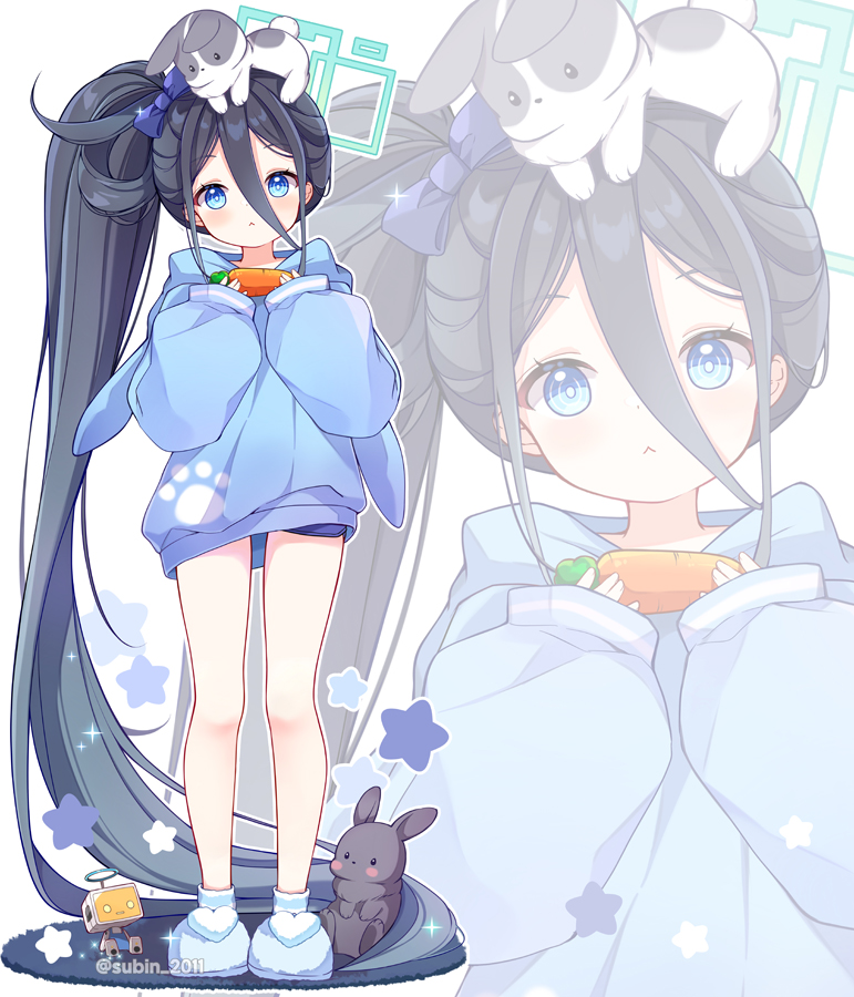 <key>_(robot)_(blue_archive), 1girl, absurdly_long_hair, animal, animal_ears, animal_on_head, aris_(blue_archive), black_hair