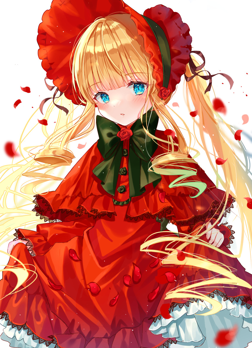 1girl, blonde_hair, blue_eyes, blunt_bangs, blush, bonnet, bow, bowtie, capelet, commentary_request, cowboy_shot, curtsey, dress, drill_hair, drill_sidelocks, flower, flower_brooch, frilled_capelet, frilled_dress, frills, green_bow, green_bowtie, highres, lolita_fashion, long_hair, long_sleeves, looking_at_viewer, medium_bangs, open_mouth, petals, red_capelet, red_dress, red_flower, red_rose, riri5937, rose, rozen_maiden, shinku, sidelocks, solo, twintails, very_long_hair