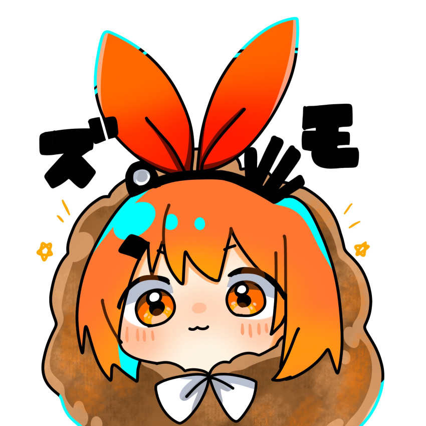 1girl, :3, a.i._voice, adachi_rei, bow, bowtie, chibi, closed_mouth, commentary_request, food_costume, fried_chicken, gorilla_ultra, hair_bow, hair_ornament, hairclip, headlamp, highres, looking_at_viewer, orange_eyes, orange_hair, radio_antenna, red_bow, short_hair, simple_background, solo, star_(symbol), translation_request, utau, v-shaped_eyebrows, white_bow, white_bowtie
