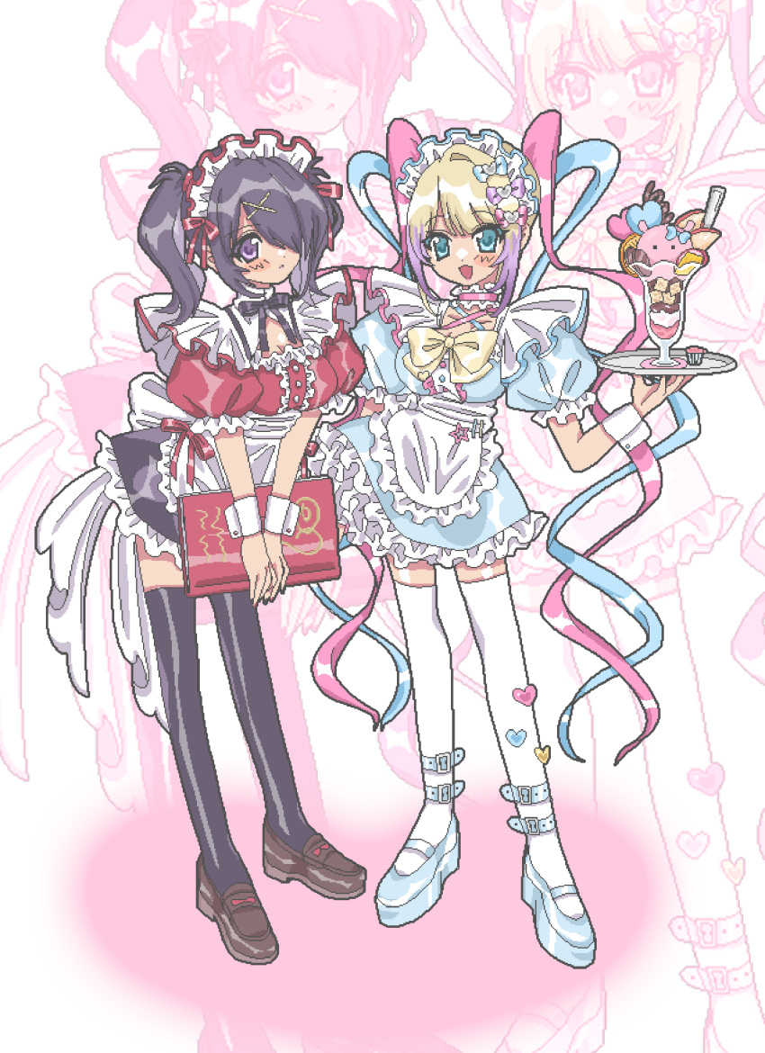 2girls, :<, :d, absurdres, adapted_costume, alternate_costume, ame-chan_(needy_girl_overdose), amnyuixx, apron, black_nails, black_thighhighs, blonde_hair, blue_dress, blue_eyes, book, bow, bowtie, brown_footwear, center_frills, choker, chouzetsusaikawa_tenshi-chan, closed_mouth, colored_tips, dessert, dress, enmaided, food, frilled_apron, frilled_choker, frilled_skirt, frills, full_body, hair_bow, hair_ornament, hair_over_one_eye, highres, holding, holding_book, holding_plate, loafers, long_hair, looking_at_viewer, maid, maid_headdress, mary_janes, multicolored_hair, multiple_girls, multiple_hair_bows, needy_girl_overdose, open_mouth, pink_hair, pixel_art, plate, puffy_short_sleeves, puffy_sleeves, purple_hair, purple_skirt, quad_tails, red_nails, red_shirt, shirt, shoes, short_sleeves, skirt, smile, star_(symbol), thigh-highs, twintails, very_long_hair, violet_eyes, white_apron, white_footwear, white_headdress, white_thighhighs, wrist_cuffs, x_hair_ornament, yellow_bow, yellow_bowtie, zoom_layer