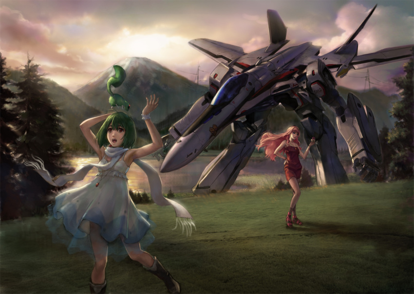 ai-kun, alien, animal, armpits, arms_up, bare_shoulders, blue_eyes, bob_cut, boots, dress, gerwalk, green_hair, hand_on_hip, high_heels, jewelry, long_hair, macross, macross_frontier, mecha, mountain, multiple_girls, open_mouth, pendant, pet, pink_hair, power_lines, ranka_lee, realistic, red_eyes, scarf, sheryl_nome, shoes, short_hair, tree, vajra, vf-25, water, wrist_cuffs, zmoe