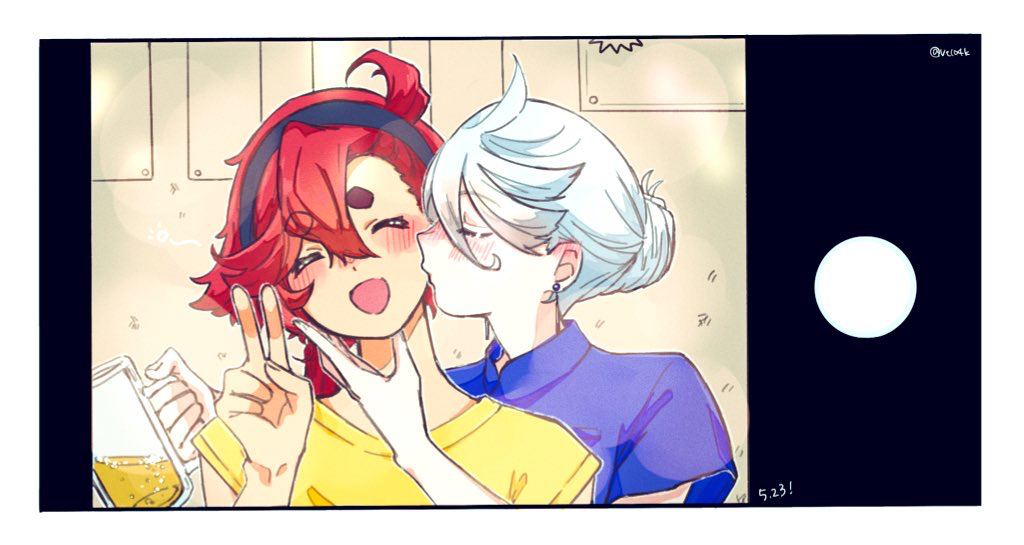 2girls, alcohol, beer, beer_mug, black_hairband, blue_shirt, blush, closed_eyes, commentary_request, cup, fake_screenshot, gundam, gundam_suisei_no_majo, hair_bun, hairband, holding, indoors, kiss, kissing_cheek, long_hair, miorine_rembran, mug, multiple_girls, open_mouth, redhead, shirt, short_sleeves, sleeveless, sleeveless_shirt, smile, suletta_mercury, thick_eyebrows, very_long_hair, vt104k, white_hair, yellow_shirt, yuri