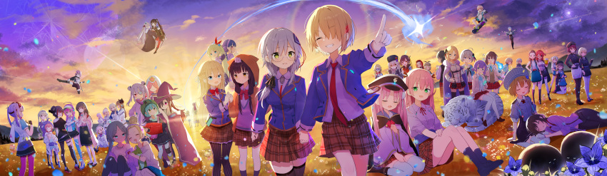 2girls, absurdres, blonde_hair, blue_jacket, blush, breasts, collared_shirt, everyone, glasses, green_eyes, grey_hair, hair_ornament, hair_over_one_eye, heaven_burns_red, highres, incredibly_absurdres, izumi_yuki_(heaven_burns_red), jacket, kayamori_ruka, long_hair, long_sleeves, looking_at_viewer, multiple_girls, necktie, one_eye_covered, plaid, plaid_skirt, red_eyes, red_necktie, ribbon, rinki_oohen, round_eyewear, school_uniform, shirt, short_hair, skirt, thigh-highs, white_shirt