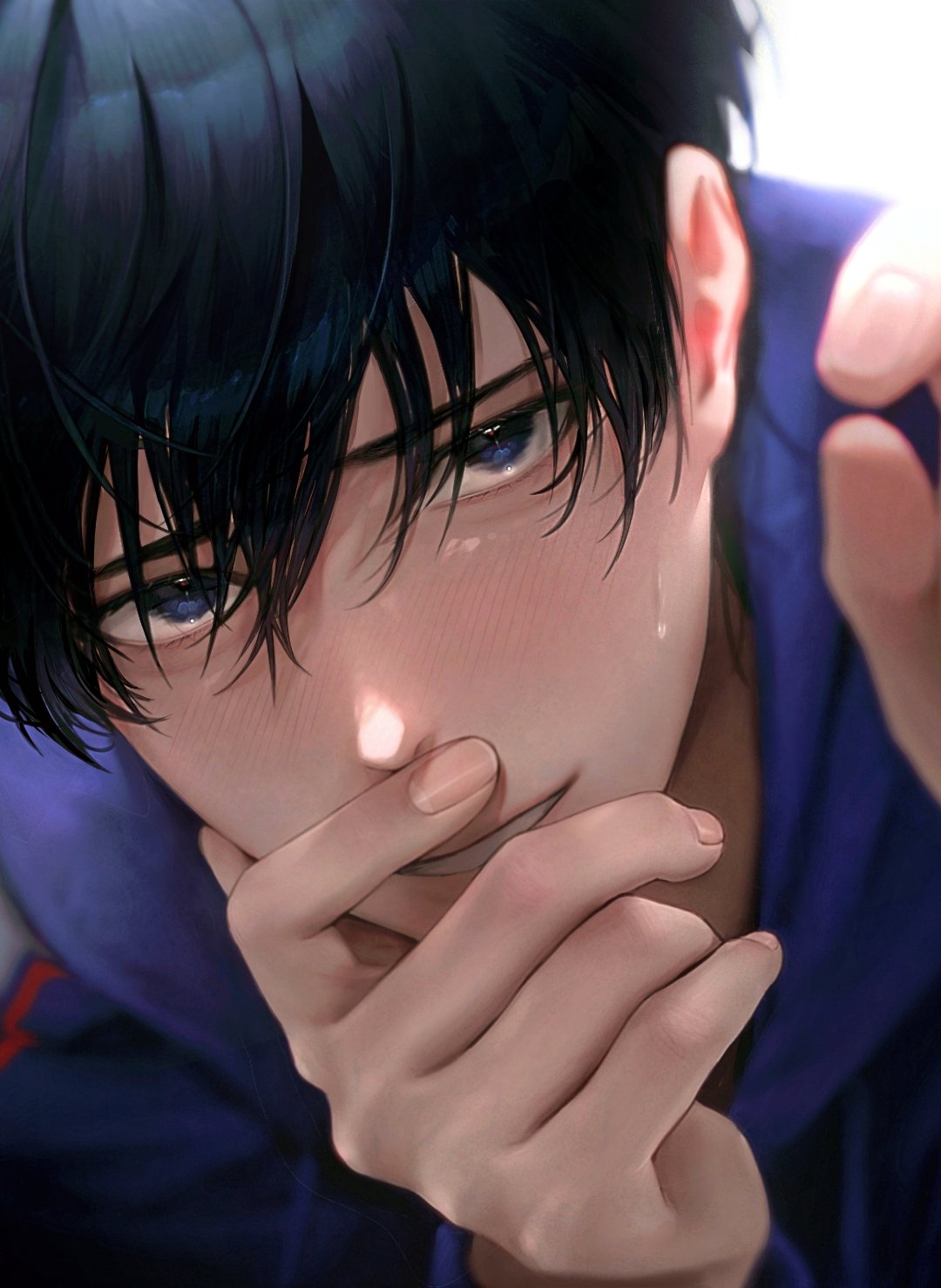 1boy, black_hair, blue_eyes, blue_shirt, blush, close-up, collared_shirt, covering_own_mouth