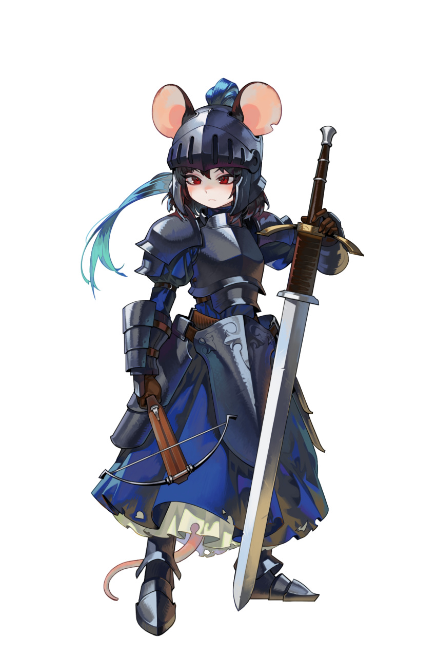 1girl, animal_ears, armor, armored_dress, black_hair, blue_hair, crossbow, dress