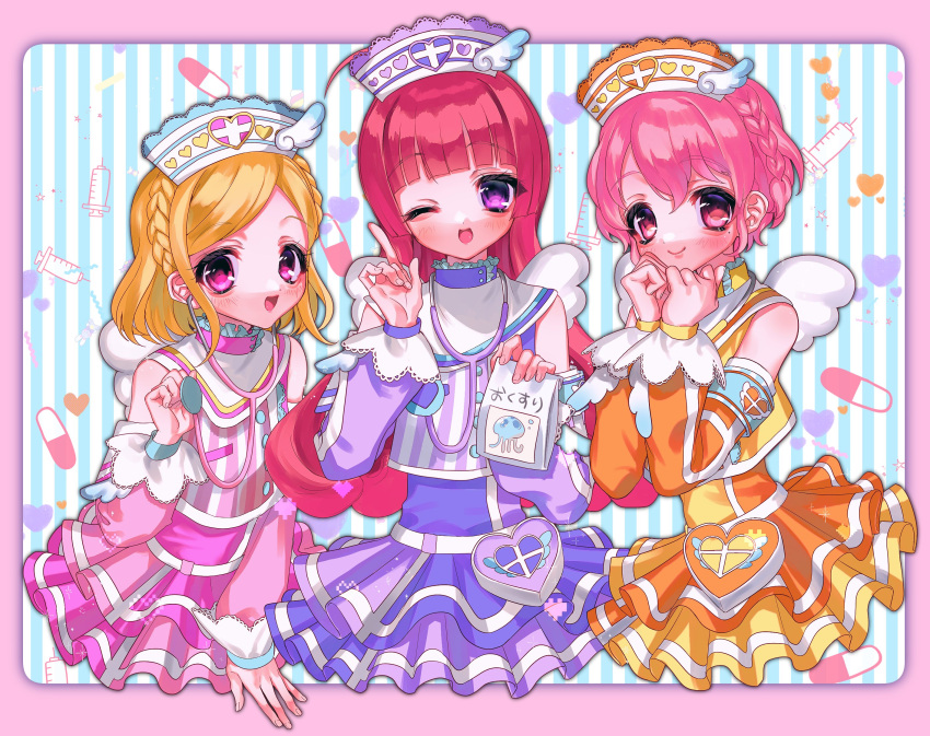 1boy, 2girls, :d, armband, blonde_hair, blunt_bangs, blush, border, braid, commentary_request, cowboy_shot, cropped_legs, crossdressing, crown_braid, detached_sleeves, dress, frilled_dress, frills, hat, highres, hojo_sophy, holding, holding_stethoscope, idol_clothes, index_finger_raised, long_hair, long_sleeves, looking_at_viewer, midorikaze_fuwari, mole, mole_under_eye, multiple_girls, nurse_cap, one_eye_closed, open_mouth, orange_dress, orange_shirt, otoko_no_ko, pill, pink_border, pink_dress, pink_eyes, pink_hair, pink_shirt, pouch, pretty_series, pripara, purple_dress, purple_shirt, redhead, reona_west, shirt, short_hair, side_braid, sleeveless, sleeveless_shirt, smile, stethoscope, syringe, violet_eyes, yuiitsu