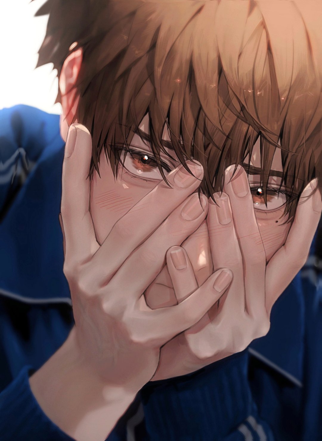 1boy, blue_jacket, blush, brown_eyes, brown_hair, close-up, collared_jacket, covering_face