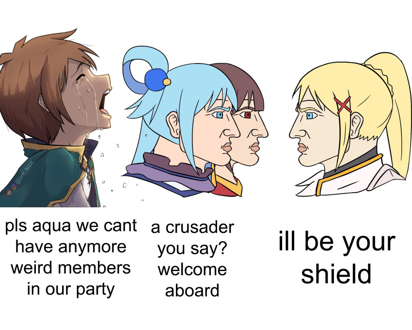 1boy, 3girls, aqua_(konosuba), artist_name, blonde_hair, blue_eyes, blue_hair, brown_hair