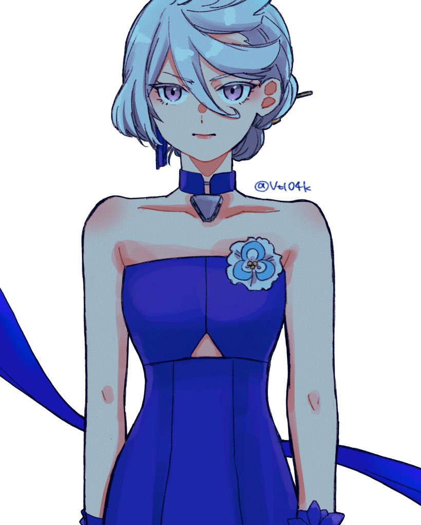 1girl, bare_arms, bare_shoulders, blue_choker, blue_dress, blue_ribbon, choker, commentary_request