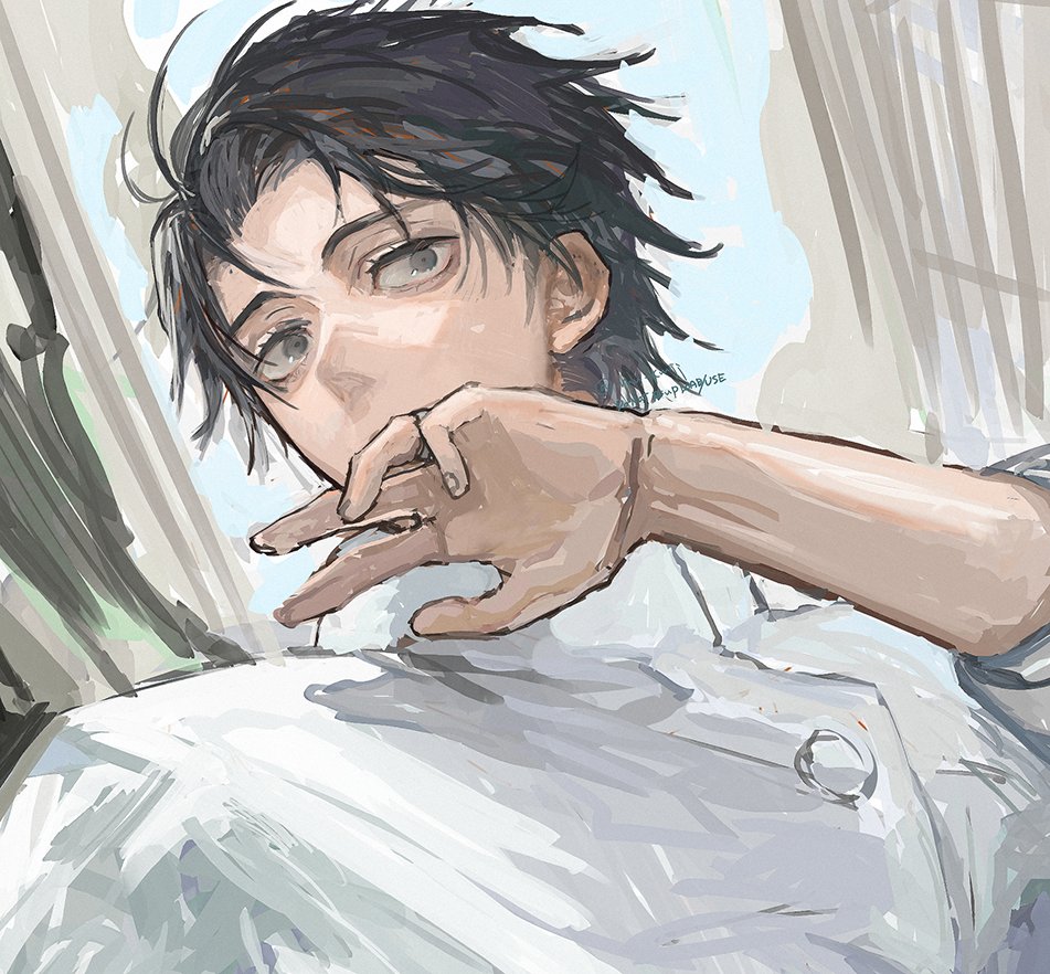 1boy, black_hair, covering_own_mouth, grey_eyes, jujutsu_kaisen, looking_to_the_side, mu_kmijj, okkotsu_yuuta