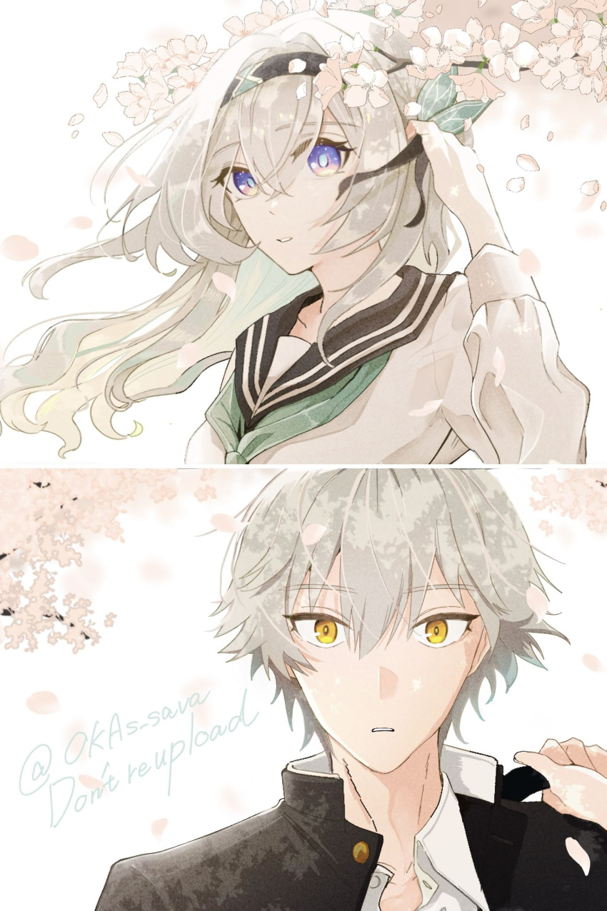 1boy, 1girl, aqua_skirt, black_hairband, bow, bowtie, caelus_(honkai:_star_rail), cherry_blossoms, firefly_(honkai:_star_rail), flower, grey_hair, hair_between_eyes, hair_flower, hair_ornament, hairband, highres, honkai:_star_rail, honkai_(series), long_hair, long_sleeves, neckerchief, okas_sava, ribbon, school_uniform, shirt, short_hair, skirt, trailblazer_(honkai:_star_rail), two-tone_eyes, white_shirt, yellow_eyes