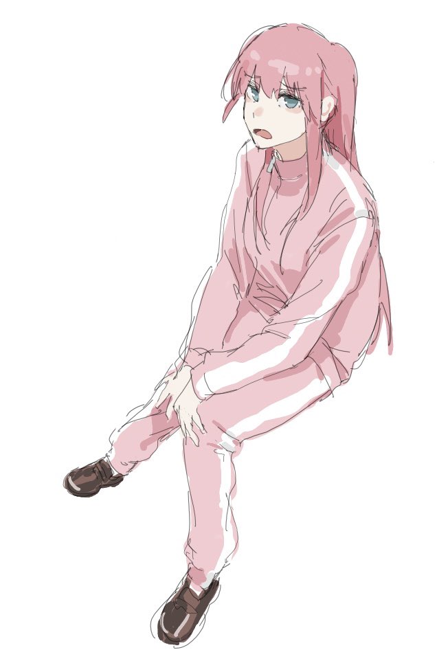 1girl, blue_eyes, bocchi_the_rock!, brown_footwear, commentary_request, full_body, gotoh_hitori, invisible_chair
