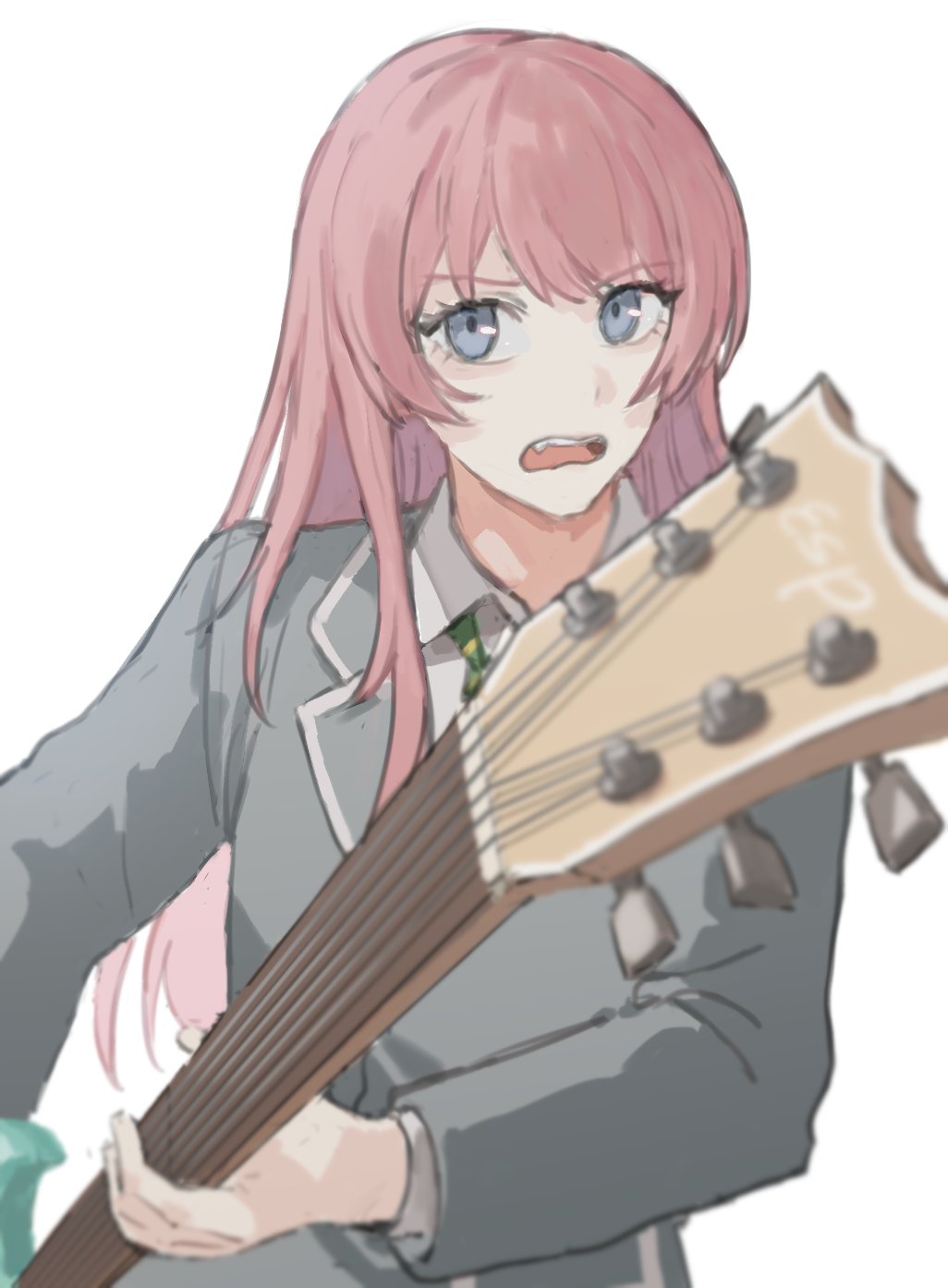1girl, bang_dream!, bang_dream!_it's_mygo!!!!!, blue_eyes, chihaya_anon, collared_shirt, commentary, electric_guitar