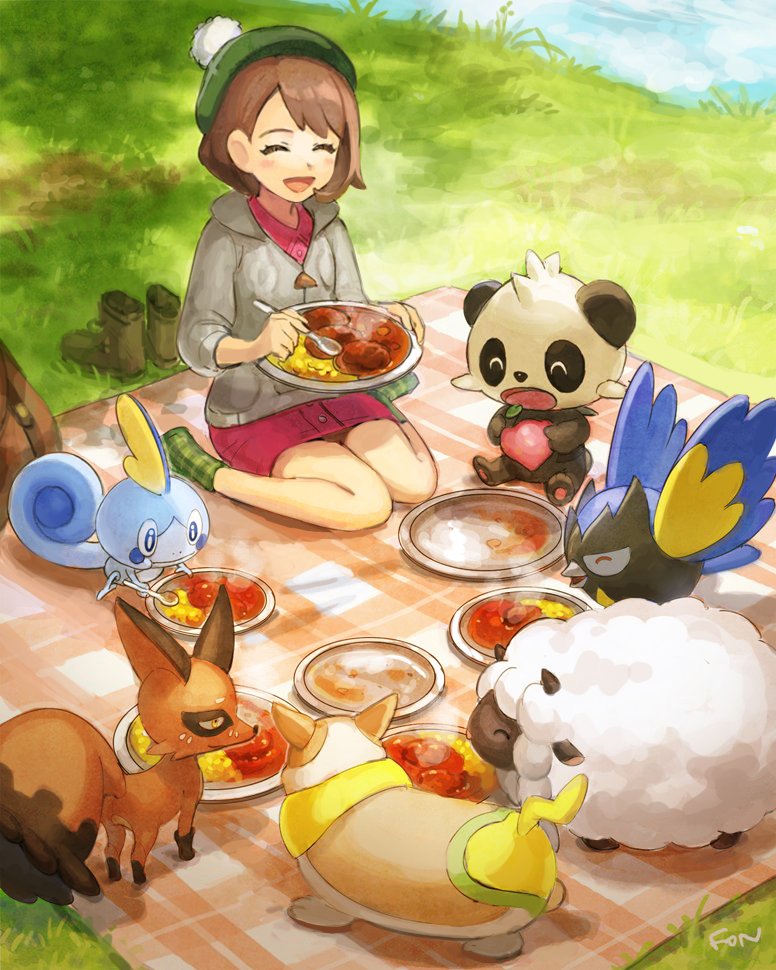 1girl, berry_(pokemon), blush_stickers, bright_pupils, brown_hair, closed_eyes, curry, dress