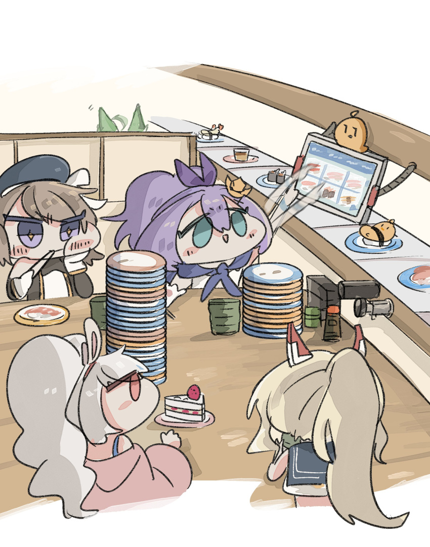 +_+, 5girls, :d, absurdres, afterimage, ahoge, akashi_(azur_lane), animal_ears, aqua_eyes, ayanami_(azur_lane), azur_lane, baozi, beret, blonde_hair, blush_stickers, brown_hair, cake, cake_slice, cat_ears, chopsticks, commentary, conveyor_belt_sushi, cup, eating, facing_viewer, fake_animal_ears, food, fruit, green_hair, hair_ornament, hand_on_own_face, hat, highres, holding, holding_chopsticks, javelin_(azur_lane), laffey_(azur_lane), long_sleeves, manjuu_(azur_lane), multiple_girls, plate, plate_stack, ponytail, purple_hair, rabbit_ears, shrimp, shrimp_tempura, sitting, smile, soy_sauce_bottle, strawberry, sushi, suwapurin, symbol-only_commentary, table, tablet_pc, tempura, triangle_mouth, twintails, violet_eyes, white_hair, yunomi, z23_(azur_lane)