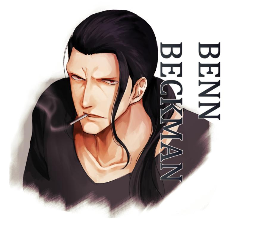 1boy, benn_beckman, black_hair, black_shirt, character_name, cigarette, collarbone, commentary_request