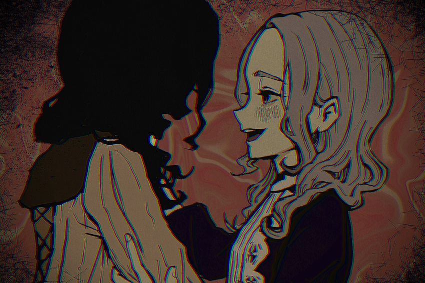 2girls, black_hair, black_skin, border, brown_eyes, brown_hair, chromatic_aberration, colored_skin