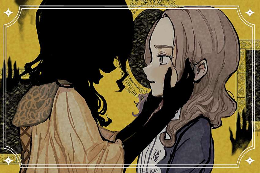 2girls, black_hair, black_skin, border, brown_eyes, brown_hair, colored_skin, from_side