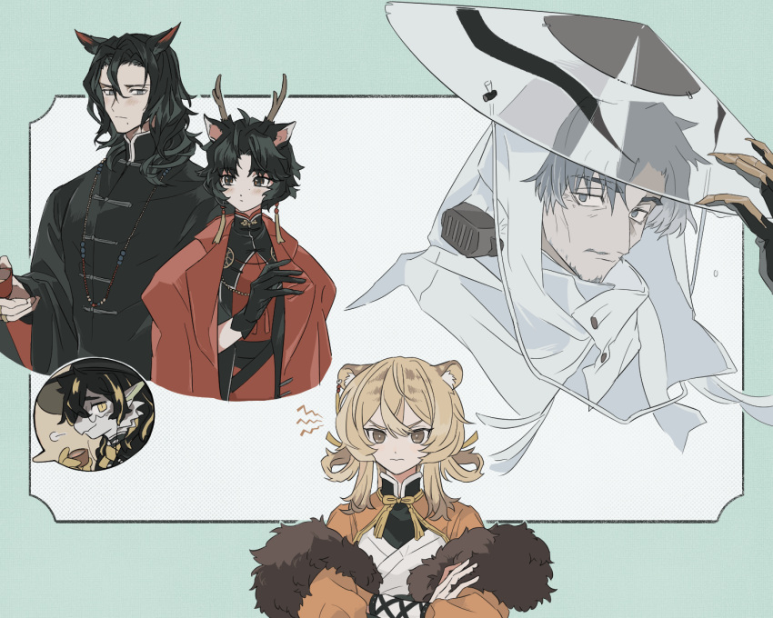 2girls, 3boys, animal_ear_fluff, animal_ears, antlers, arknights, beard, black_hair