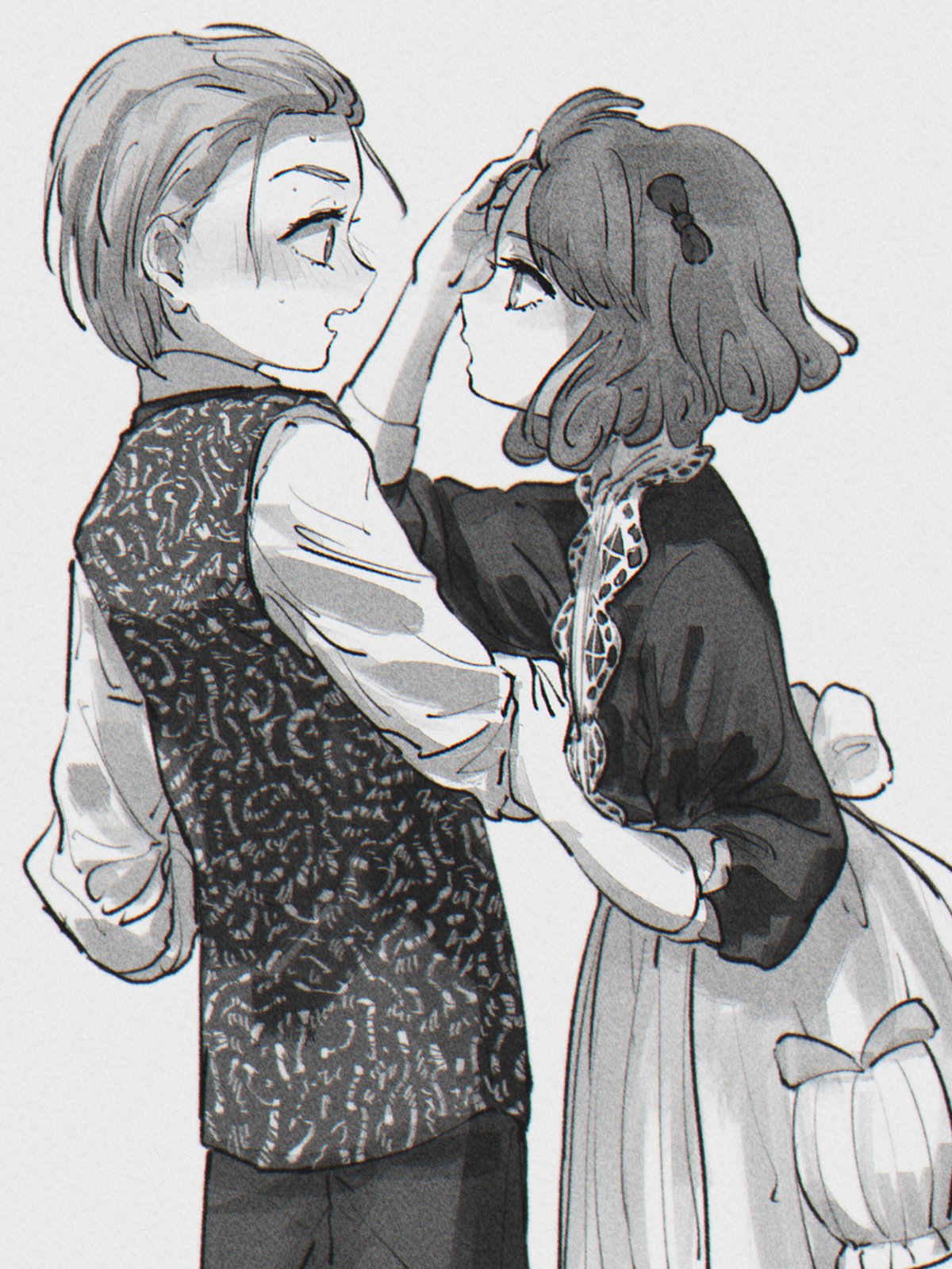 1boy, 1girl, adjusting_hair, apron, bow, cowboy_shot, dress, from_side