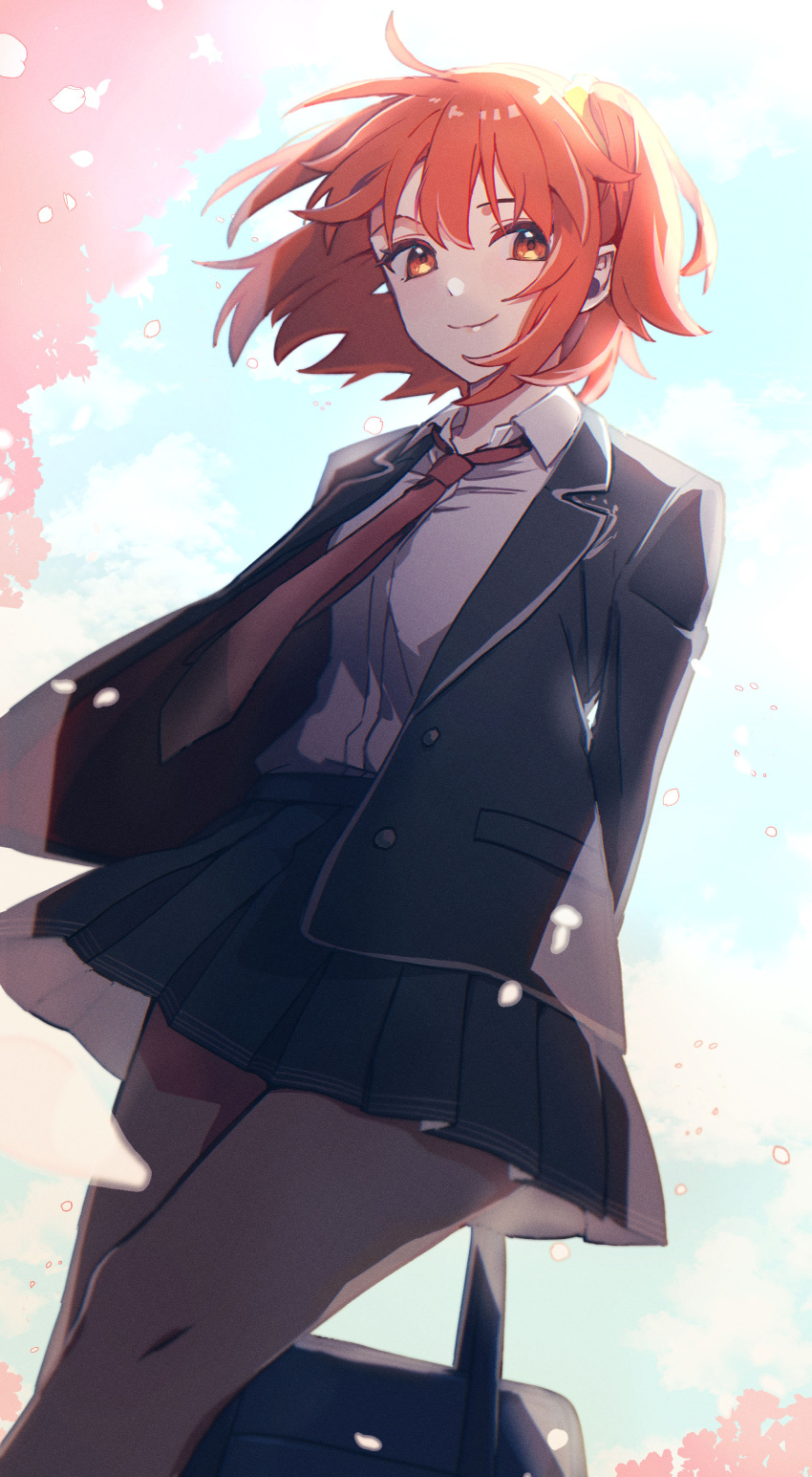 1girl, absurdres, arms_behind_back, bag, black_bag, black_jacket, black_skirt, buttons, closed_mouth, collared_shirt, commentary_request, fate/grand_order, fate_(series), fujimaru_ritsuka_(female), hair_between_eyes, hair_ornament, hair_scrunchie, haruna_(hrnrnh), highres, holding, holding_bag, jacket, long_sleeves, looking_at_viewer, necktie, official_alternate_costume, open_clothes, open_jacket, orange_eyes, orange_hair, pleated_skirt, pocket, red_necktie, school_bag, school_uniform, scrunchie, shirt, short_hair, side_ponytail, skirt, solo, uniform, white_shirt, yellow_scrunchie