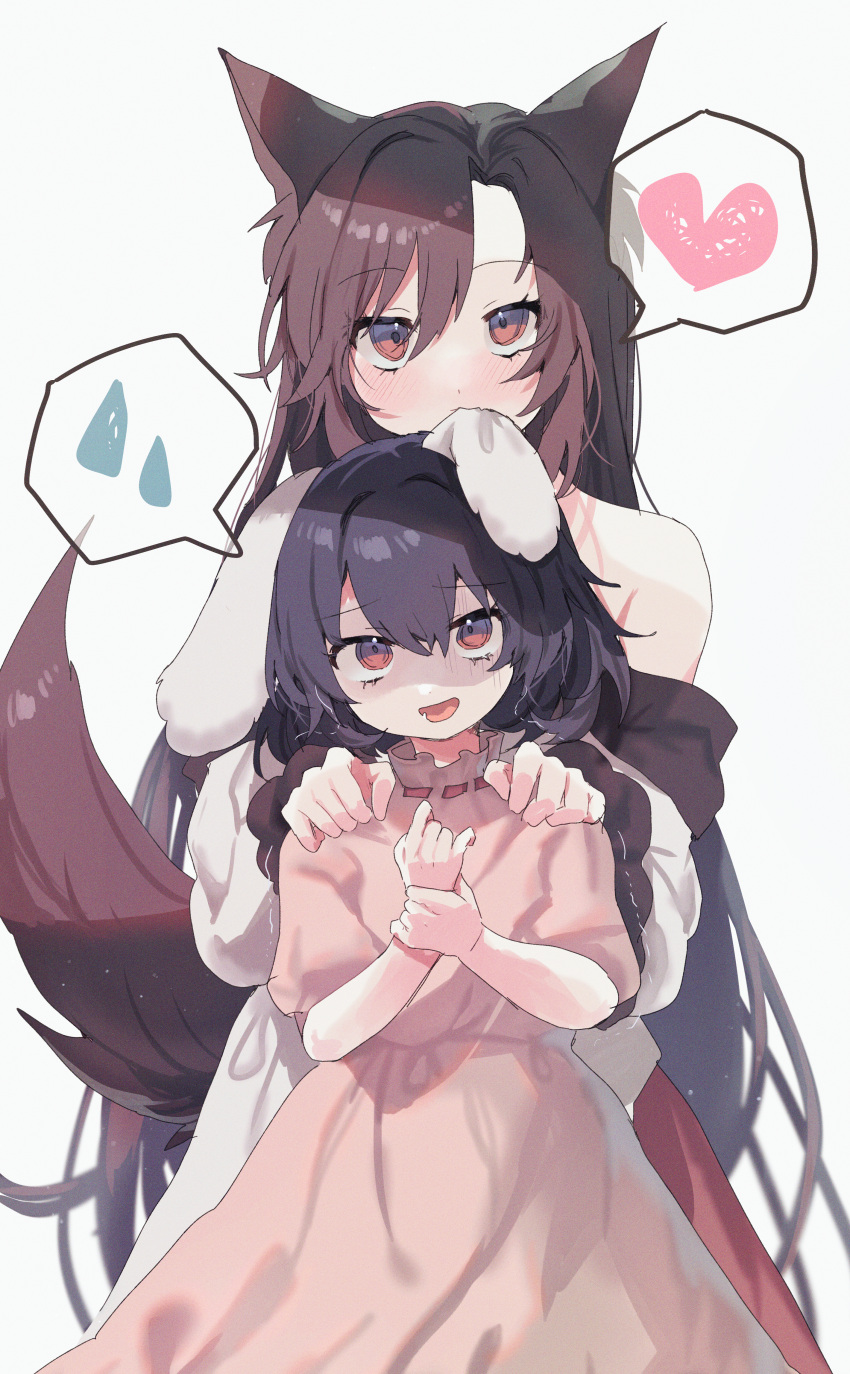 2girls, absurdres, animal_ears, biting, black_hair, brown_eyes, brown_hair, dress