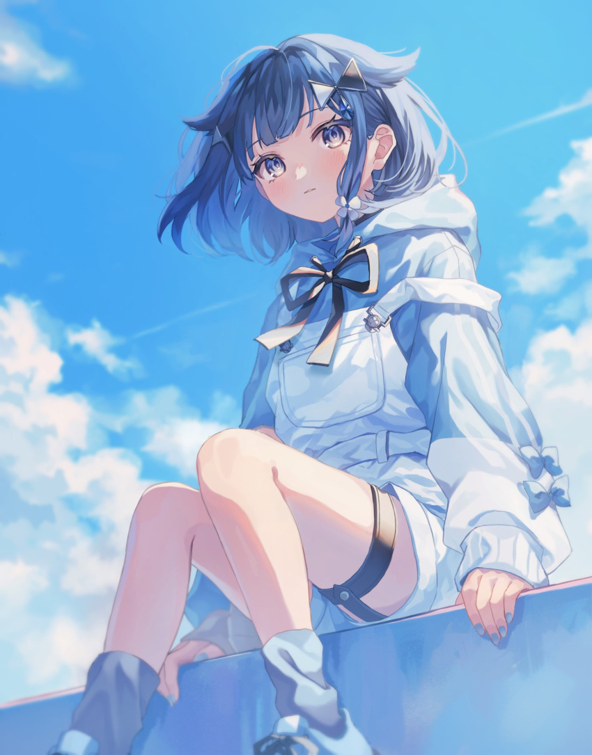 1girl, akr_tmr, bare_legs, blue_eyes, blue_footwear, blue_hair, blue_hoodie, blue_nails