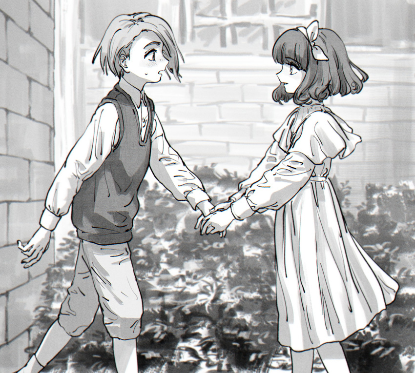 1boy, 1girl, bow, brick_wall, collared_shirt, commentary_request, dress, feet_out_of_frame