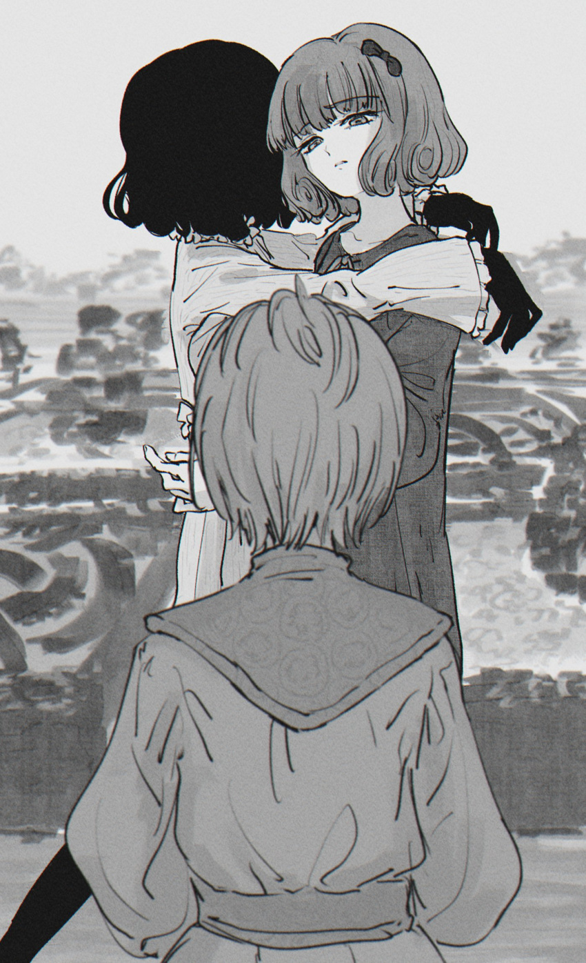 1boy, 2girls, black_skin, bow, closed_mouth, colored_skin, commentary_request, dress