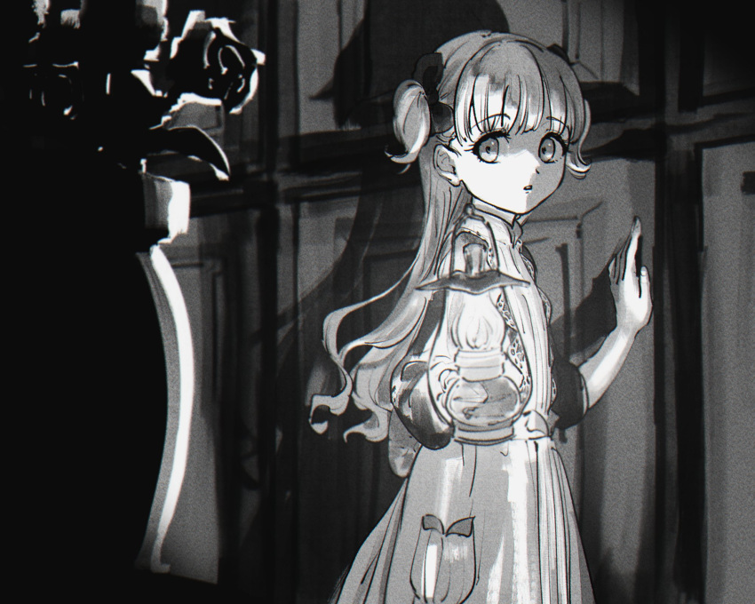 1girl, apron, bow, commentary_request, cowboy_shot, dress, emilico_(shadows_house), flower