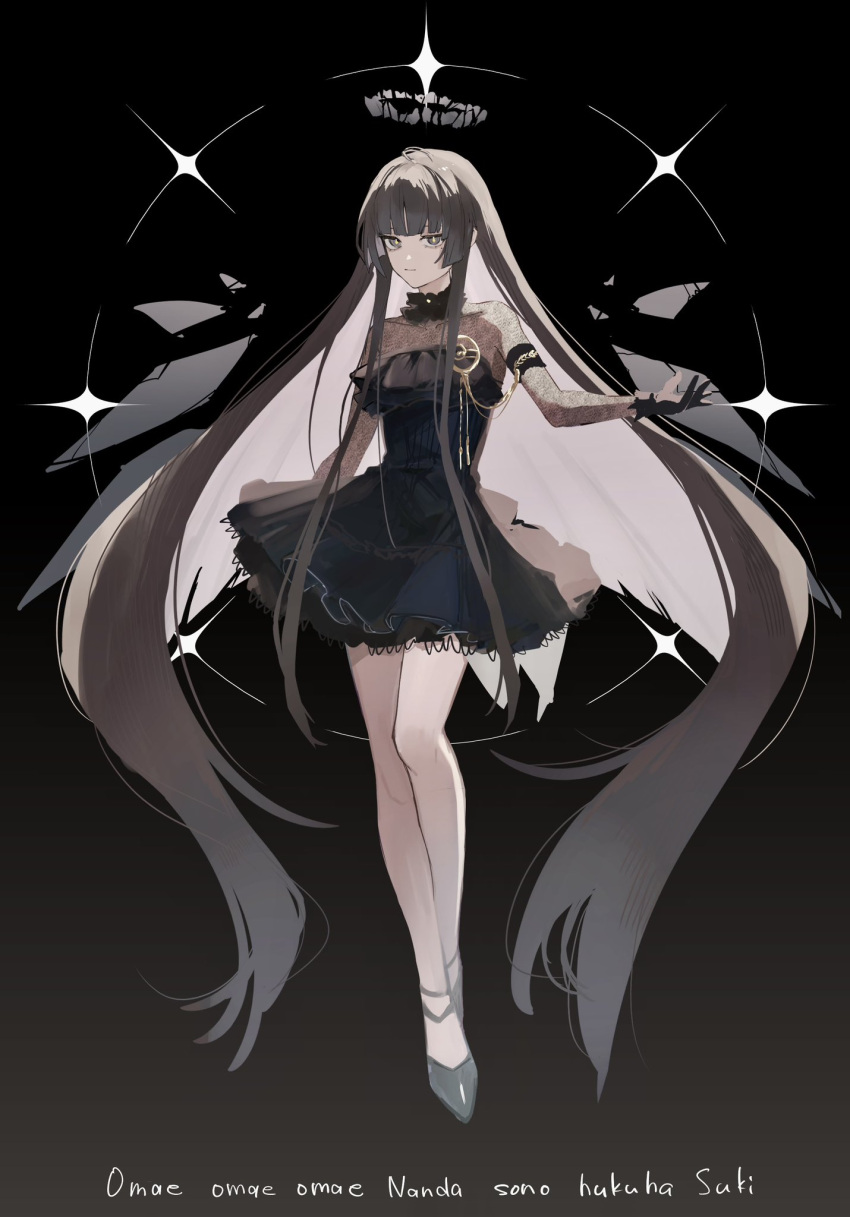 1girl, :|, absurdly_long_hair, arknights, bare_legs, black_background, black_dress, black_eyes