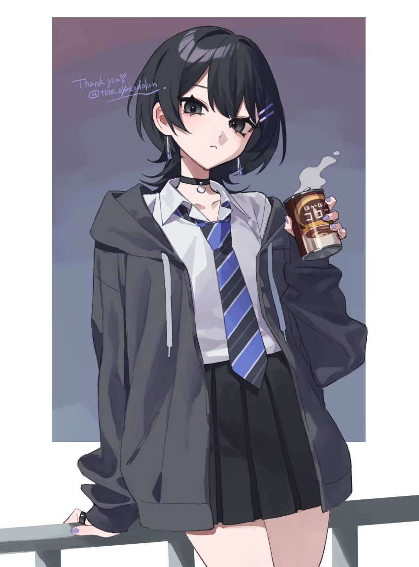 1girl, :<, absurdres, against_railing, arm_at_side, arm_rest, bangs_pinned_back, black_choker