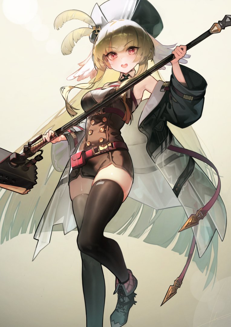 1girl, :d, arknights, bird_girl, black_corset, black_hat, black_jacket, black_thighhighs