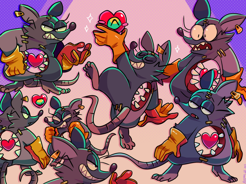2boys, boxyam, clenched_hands, clenched_teeth, closed_eyes, colored_sclera, commentary, cross-eyed, dated, ear_tag, english_commentary, fang, fangs, gloves, green_sclera, grin, half-closed_eyes, hand_on_own_hip, heart, heart_(mad_rat_dead), highres, holding, hole_in_chest, hole_on_body, leg_up, mad_rat_(mad_rat_dead), mad_rat_dead, mouse, multiple_boys, one-eyed, open_mouth, signature, simple_background, smile, stitches, teeth, v-shaped_eyebrows, yellow_gloves