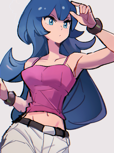 1girl, ai-generated, belt, blue_eyes, blue_hair, bracelet, breasts, crop_top, jewelry, long_hair, midriff, midriff_peek, navel, pants, pink_tank_top, pokemon, pokemon_hgss, rewin_(nobabys_perfect), sabrina_(pokemon), serious, stomach, tank_top, white_pants