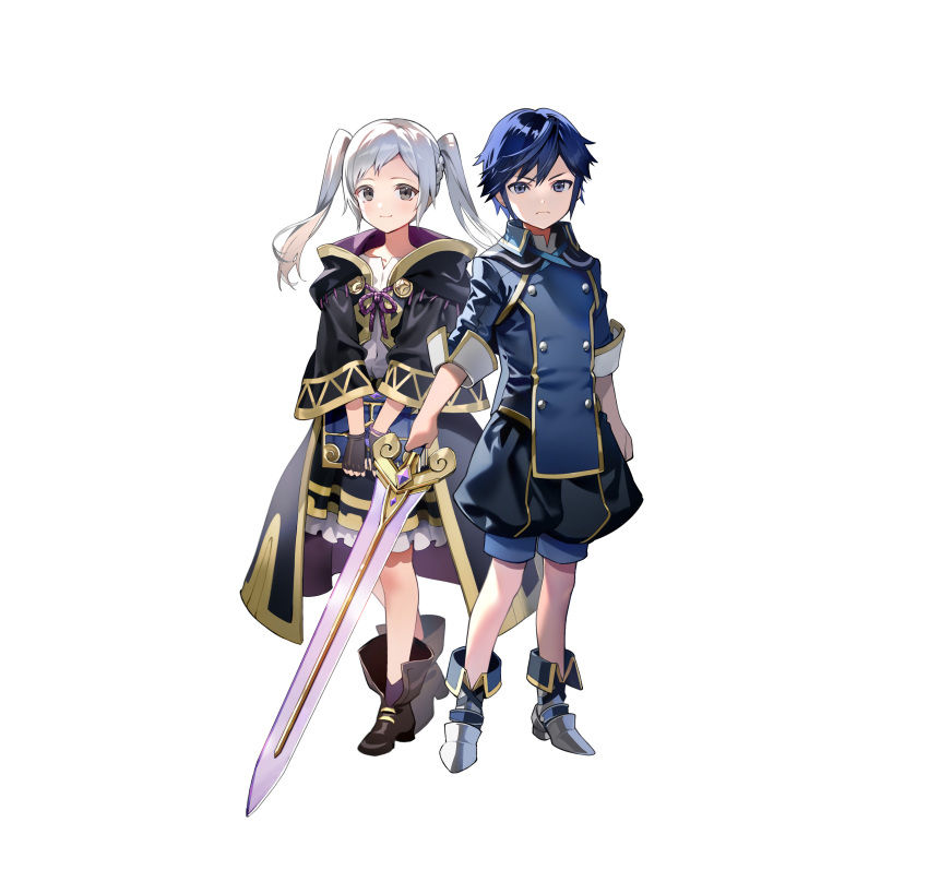 1boy, 1girl, absurdres, aged_down, black_coat, black_gloves, blue_eyes, blue_hair