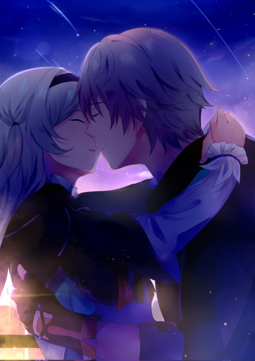 1boy, 1girl, black_gloves, black_hairband, black_jacket, caelus_(honkai:_star_rail), closed_eyes, coat
