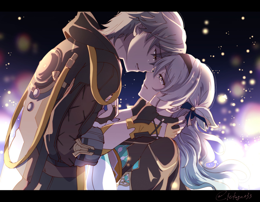 1boy, 1girl, black_gloves, black_hairband, black_jacket, caelus_(honkai:_star_rail), coat, crying