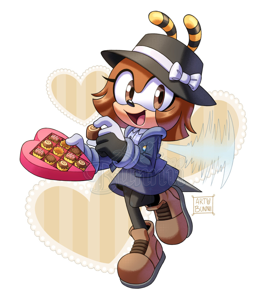 1girl, absurdres, antennae, artist_name, black_gloves, black_hat, black_pants, blue_jacket, blue_skirt, boots, bow, box, box_of_chocolates, brown_eyes, brown_footwear, brown_fur, brown_hair, chocolate, clarity_bee, collared_shirt, drstarline, food, full_body, furry, furry_female, gloves, hat, hat_ribbon, heart, heart-shaped_box, highres, holding, holding_box, holding_chocolate, holding_food, jacket, looking_at_viewer, medium_hair, open_mouth, original, pants, ribbon, shirt, skirt, solo, sonic_(series), two-tone_gloves, watermark, white_bow, white_gloves, white_ribbon
