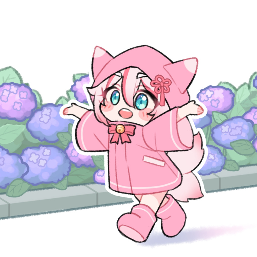 1girl, :d, animal_ears, bell, blue_eyes, blue_flower, blush, blush_stickers