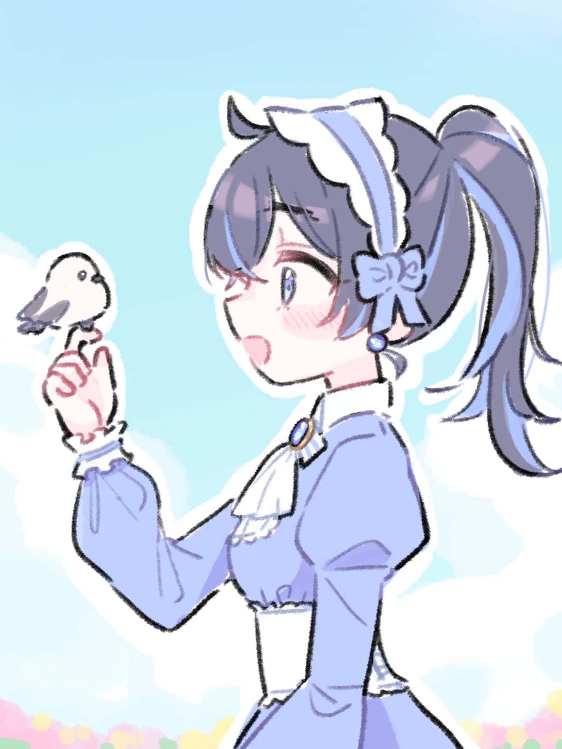 1girl, :d, ahoge, ascot, bird, bird_on_hand, black_hair, blue_bow
