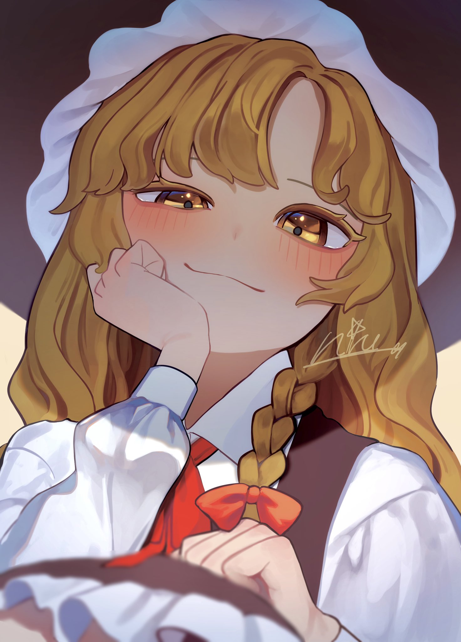 1girl, black_hat, blonde_hair, blush, braid, closed_mouth, commentary_request, from_below, hand_on_own_face, hat, highres, kirisame_marisa, long_hair, looking_at_viewer, niru_05, shirt, side_braid, simple_background, smile, smirk, solo, touhou, upper_body, white_background, white_shirt, witch, witch_hat, yellow_eyes